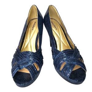 Dressbarn Corey Open Toe Pump Heels Size 10 Dark Teal Green Faux Snakeskin Shoe